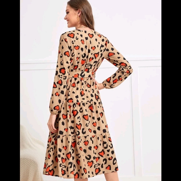 Leopard & Heart Print Ruffle Hem Belted Dress - Picture 2 of 8